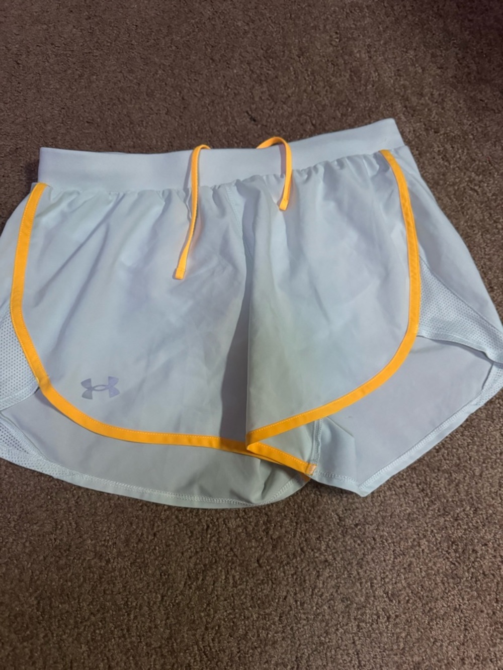 Under Armour Women's Light Blue Running Shorts with Yellow Trim